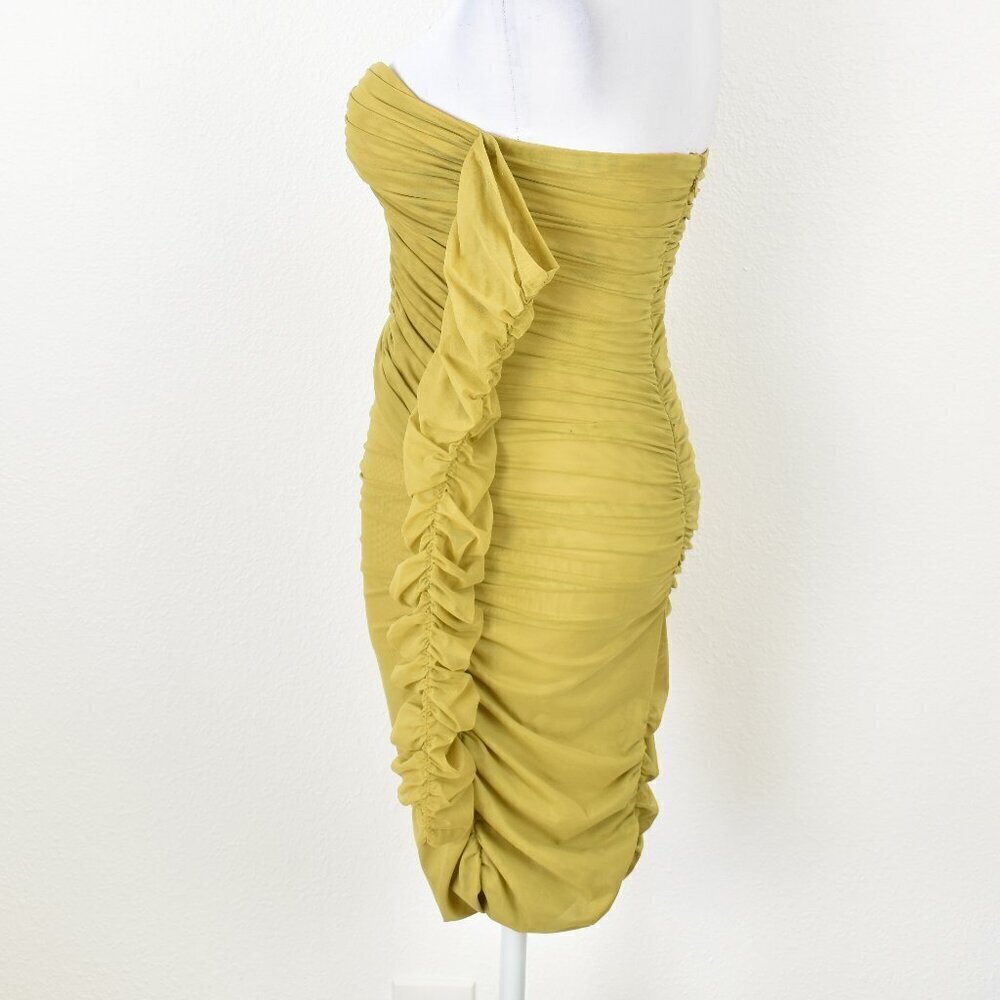 Miss Circle Ruched Chartreuse Cold Shoulder Bodycon Cut Out Dress - M - Picture 6 of 10
